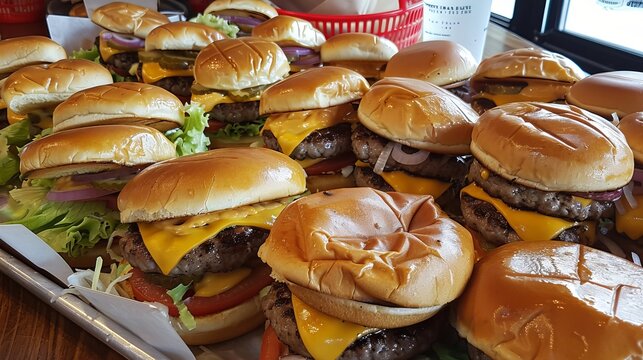 The image features a selection of cooked burgers and cheeseburgers arranged neatly on a tray.