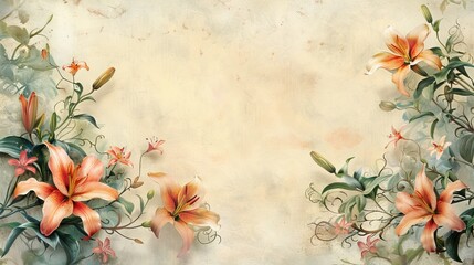 Lily and jasmine vines decorate the edges of traditional letter paper with gorgeous lace decorations and a blank central writing area. Watercolor painting, exquisite details, soft and natural tones.