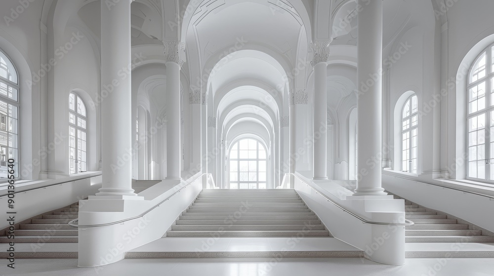 Aufkleber white building with long staircase and large windows in museum of modern art. featuring arches and c
