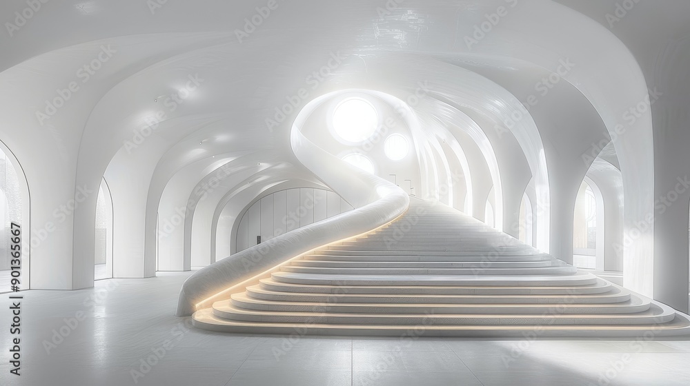 Poster white building with long staircase and large windows in museum of modern art. featuring arches and c