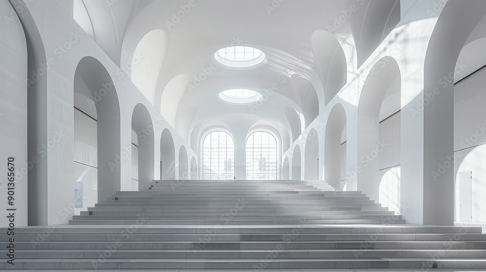 Poster white building with long staircase and large windows in museum of modern art. featuring arches and c