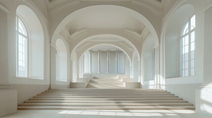White Building with Long Staircase and Large Windows in Museum of Modern Art. Featuring Arches and Columns, Modern Architecture with Minimalist Design, and Open Spaces.