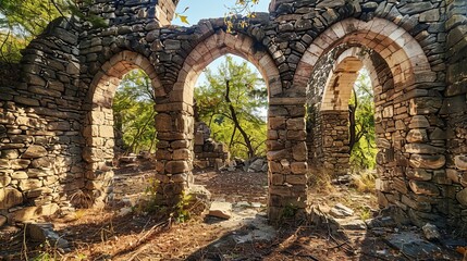 Ruined stone arches of a church on a sunny day.