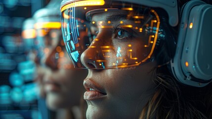 Three Individuals Engaged in Advanced Virtual Reality Experience With Futuristic Headsets in a High-Tech Environment