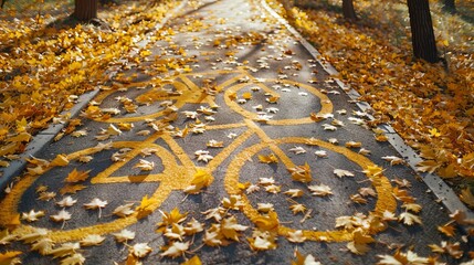 Obraz premium A winding bicycle lane is gracefully covered by a blanket of fallen yellow leaves, creating a picturesque autumn park landscape.