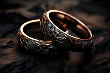 Artistic close-up of two textured wedding rings on a dark, elegant background