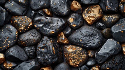 Black pebbles and golden rocks, shiny black stones, sparkling white and gold pebble stone patterns