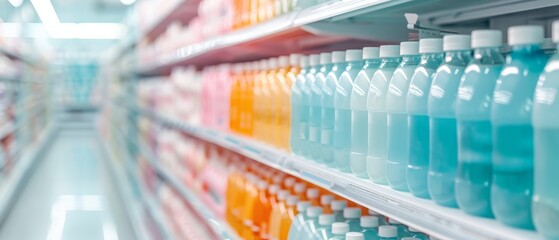 A vibrant display of colorful bottles on supermarket shelves, showcasing a variety of beverages in a well-organized aisle.