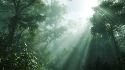 Obraz premium Lush green natural rainforest filled with fog and sunlight shining through tall trees