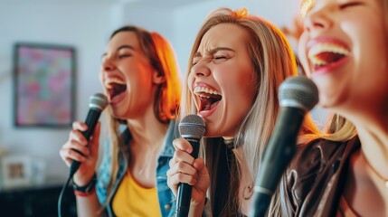 A group of friends singing karaoke at home through a microphone.