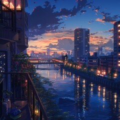 Fototapeta premium Twilight Cityscape View from Anime Style Balcony