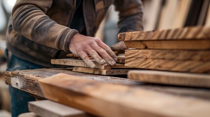 Male carpenter selects planks for building or renovating a home.