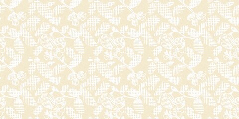 Modern white on cream lace effect wedding border texture. Soft tonal linen openwork block print with subtle hand drawn lattice damask printed fabric banner edge trim. 