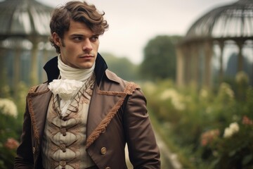 Elegant man dressed in vintage attire with a ruffled ascot, looking thoughtfully into the distance