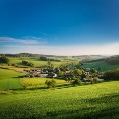 Create a serene image of a beautiful countryside with rolling hills, green fields