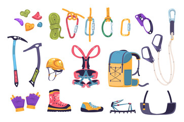 Climbing gear equipment. Mountaineering tool climber stuff elements for mountain rock climb safety rope knot harness carbines helmet ice ax extreme sport classy vector illustration