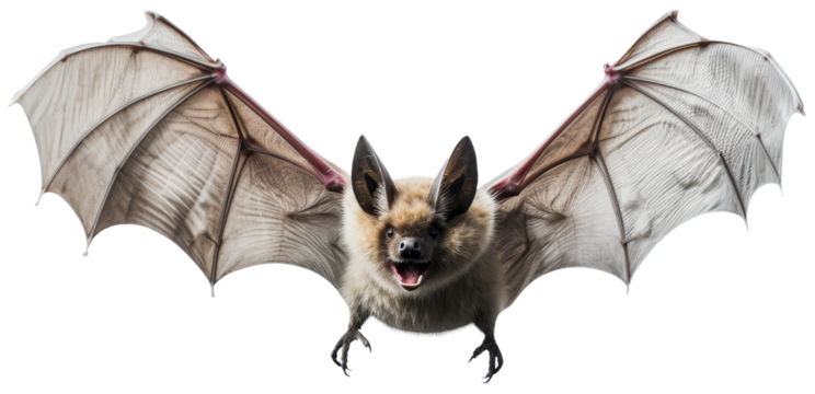 A scary bat with an open mouth spread its wings in flight. Isolated on transparent background