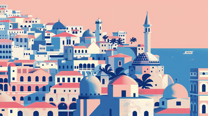 Risograph current riso print travel poster, card, wallpaper or banner illustration, modern, isolated, clear, simple of Algiers, Algeria. Artistic, screen printing, stencil