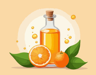 Dropping essential sweet orange oil glass bottle with orange fruit and leaves natural face body beauty remedies concept 