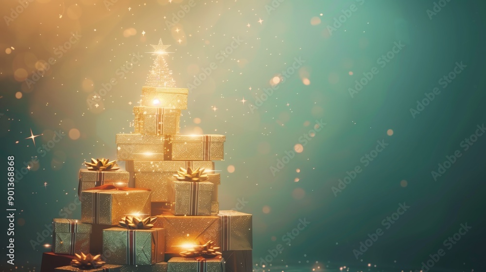 Poster christmas tree built from wrapped gift boxes on winter bokeh background