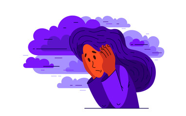 Young woman having a psychological problem of stress or anxiety, vector illustration of stressed girl having mental disorder or tired, headache flat style drawing.