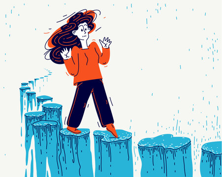Young woman walking a risky path, vector illustration of a girl walks over abyss, hard and dangerous life period concept.
