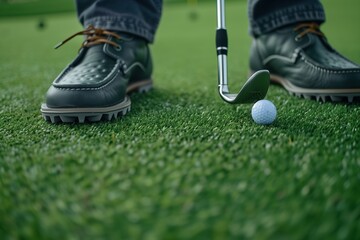 Close up of golf shoe on lush green grass during active swing