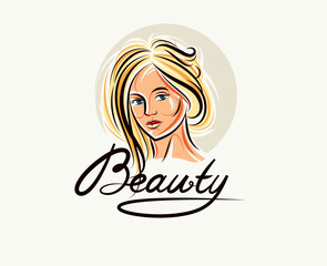 Emblem for a beauty studio or cosmetology clinic or cosmetics brand, vector illustration of a beauty woman face with Beauty work handwritten lettering, classic style logo.