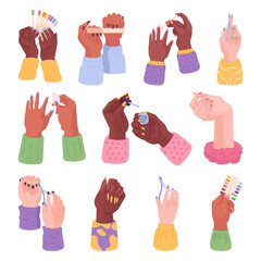 Hands manicure tools. Female hand holding manicure accessories equipment procedures cosmetic tweezers varnish fingernail care spa woman glamour salon set swanky vector illustration