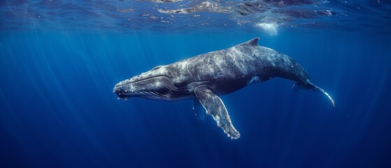 Fototapeta premium An elegant whale glides through the deep blue ocean, showcasing its majestic form beneath the shimmering water surface.