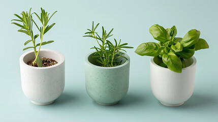 three pots of herbs. Growing greens at home.