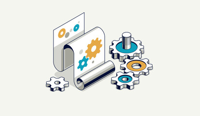 Engineering invention and innovation concept, engineer draft plan and gears 3D isometric illustration, engine draft plan drawing, innovation and research technical scheme blueprint.