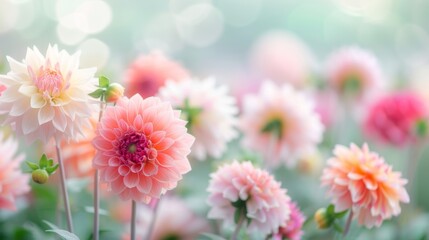 Fototapeta premium Beautiful pastel dahlias bloom in a serene garden, creating a dreamy and vibrant atmosphere full of colors and tranquility.