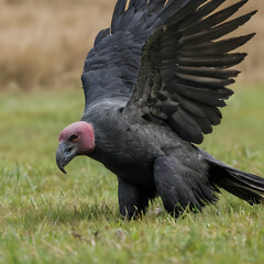 a bird with its wings spread out in a grassy field