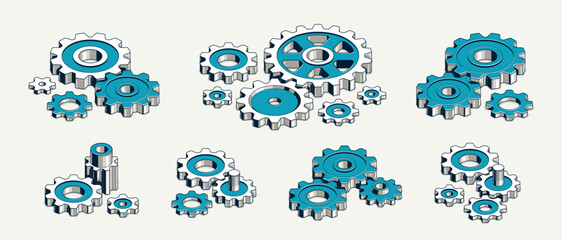 Mechanical engineering concept set, gears and cogs composition isometric 3D vector illustration, cogwheels system technology and technics machinery engine.