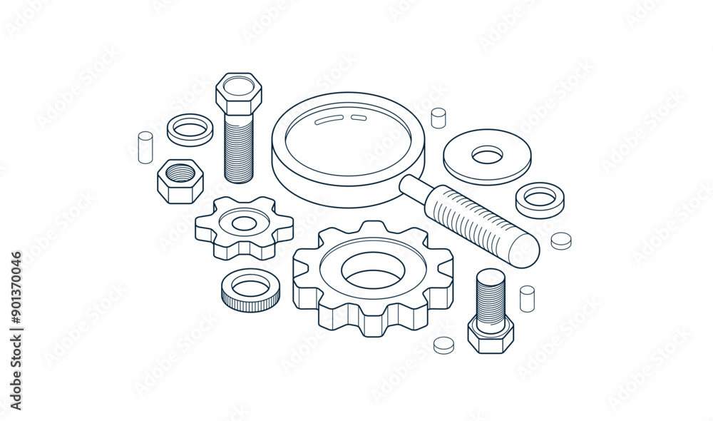 Poster mechanical engineering research and solution concept, gears with magnifier 3d isometric vector desig