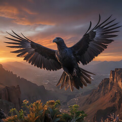 a bird that is flying over a mountain with a sunset
