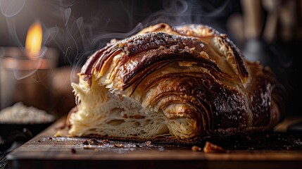 Freshly baked croissant with a golden crust and steam rising, perfect for a cozy breakfast setting.