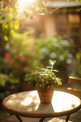 a flower in a pot on a table on a garden background. Selective focus