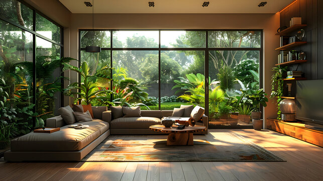 Living Room Interior Design with a View of a Tropical Garden - 3D Illustration