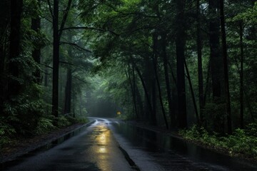 Naklejka premium Serene, damp roadway meanders through a foggy forest with morning light piercing the canopy