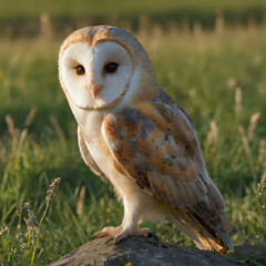 a owl sitting on a rock in a field of grass