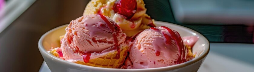 A tempting bowl of colorful ice cream with rich flavors, garnished with syrup and fruit, perfect for a sweet treat or dessert.