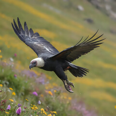 Obraz premium a bird that is flying over a field of flowers