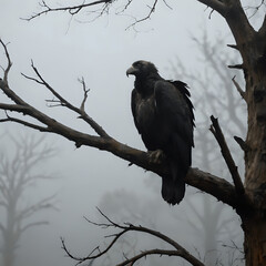 a large bird sitting on a tree branch in the fog