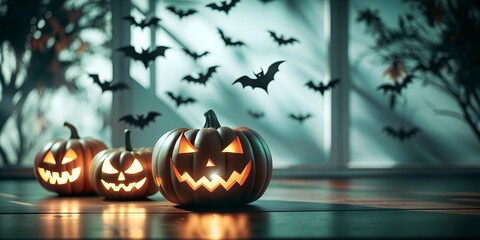 Fototapeta premium Halloween background with pumpkin and bats