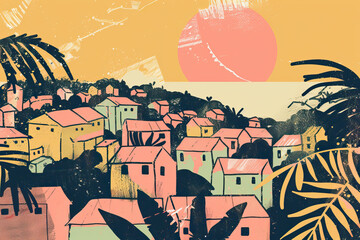 Obraz premium Risograph artsy riso print travel poster, card, wallpaper or banner illustration, modern, isolated, clear, simple of Antsirabe, Madagascar. Texture, backdrop, screen printing, stencil