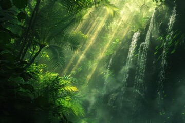 Obraz premium Lush Green Jungle Waterfall in Misty Sunlight