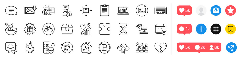 Download photo, Time and Cloud upload line icons pack. Social media icons. Cook, Clipboard, Puzzle web icon. Chat, Cardboard box, Smile face pictogram. Bitcoin system, Equality, Renew card. Vector