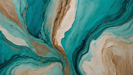 Abstract artwork with turquoise, beige and blue swirling